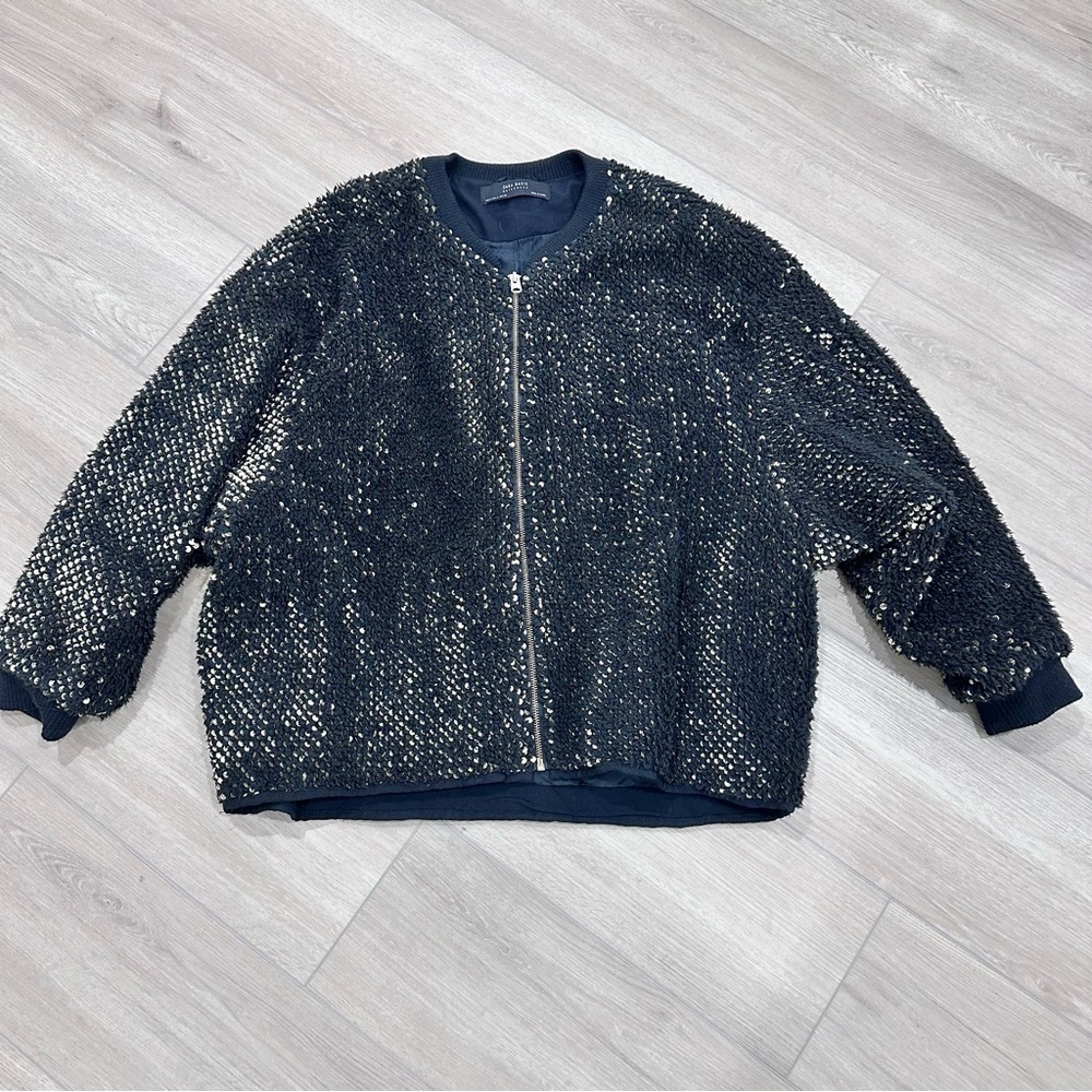 Zara oversized faux fur sequin bomber jacket black gold medium - Picture 5 of 12